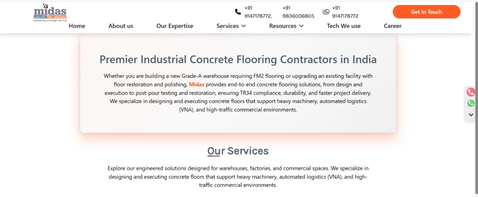 Midas Floor Solutions homepage — Next.js website built in Kolkata