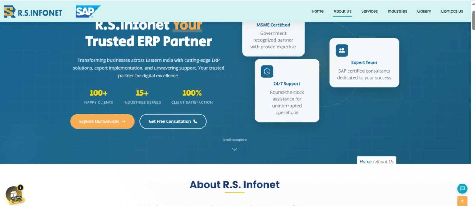 RS Infonet about page — SAP partner website built by Casper Technologies Kolkata